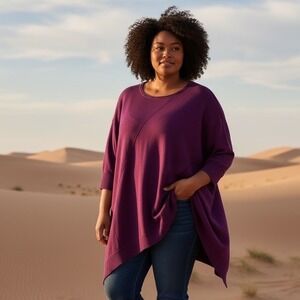 Verve‎ Ami Plus Size 2X Burgundy Asymmetric Hem Poncho 3/4 Sleeve Sweater Top #